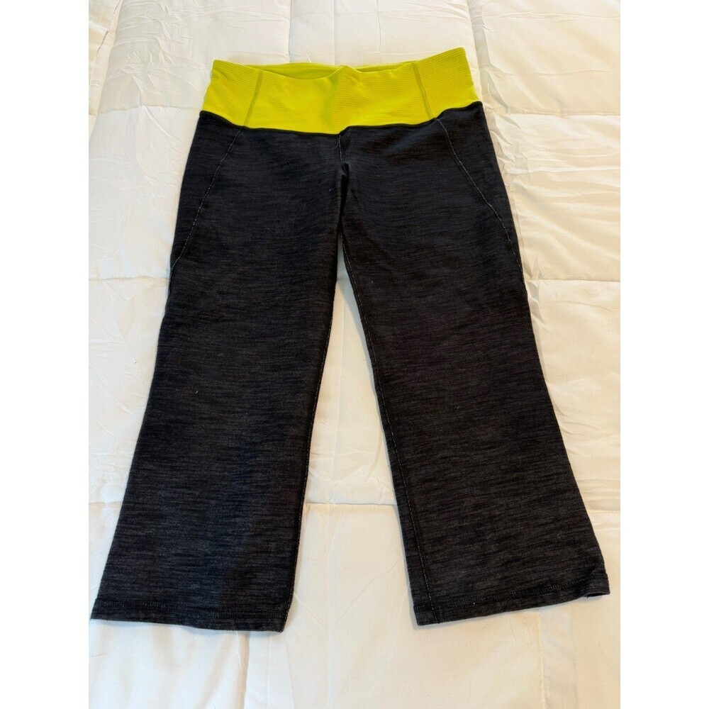 Lululemon Gather & Crow Crop Leggings Women Sz 8 Black Yellow Full-On Luon Dance